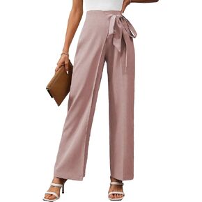 MakeMeChic Women's Solid Elastic High Waist Wide Straight Leg Pants Office Trousers Suit Pants