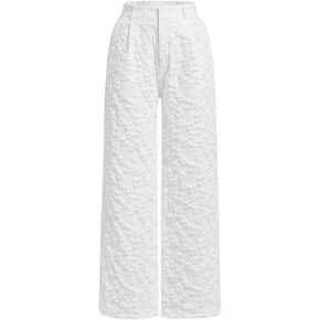 Floerns Women's Casual Textured Wide Straight Leg Elastic High Waist Pants