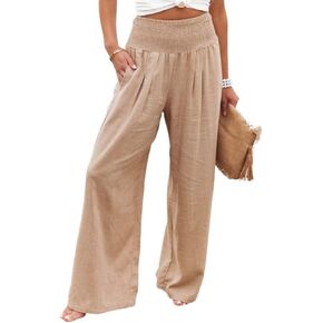 utcoco Womens Wide Leg Linen Palazzo Pants Casual Elastic Waisted Loose Fit Trousers