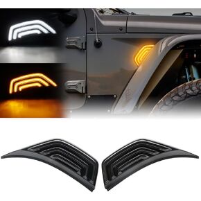Front Fender Air Vent Led Turn Signal Side Marker Lights Compatible with Wrangler JL JLU 2018-2024 & For Gladiator JT 2020-2023 White DRL & Amber Yellow Dynmaic Sequential Blink(Smoked Lens)
