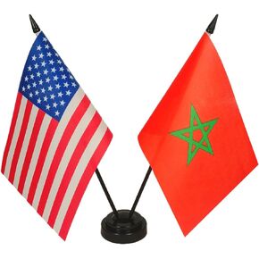 علم مكتب مزدوج للصداقة الأمريكية والمغربية، أعلام طاولة المغرب الأمريكية، 8 × 5 بوصات مجموعة أعلام مكتبية أمريكية ومغربية فاخرة - علم مصغر للولايات المتحدة الأمريكية والمغرب مع حامل العلم
