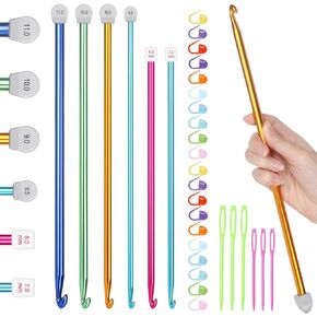 Katech 8PCS Tunisian Crochet Hooks Set, 13.78 Inch Large Crochet Hooks 6.5mm-11mm Aluminum Crochet Needles, Extra Long Crochet Needles for Beginner Learn to Crochet Blanket Shawls Gift