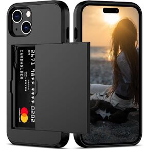 Nvollnoe Compatible with iPhone 15 Case with Card Holder Heavy Duty Protective Dual Layer Shockproof Hidden Card Slot Slim Wallet Phone Cover for Women&Men 6.1 inch(Black)