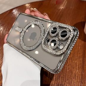 Magnetic Glitter Case for iPhone 15 Pro Max [Compatible with MagSafe] Military-Grade Protection, Cute Glitter Phone Case with Sparkle Diamond Camera Protection Cover for Women Girl (Silver)