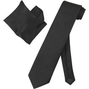 Vesuvio Napoli Solid EXTRA LONG BLACK NeckTie Handkerchief Mens Neck Tie Set