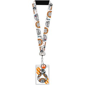 Buckle-Down Star Wars Lanyard, Badge Holder Charm, Star Wars BB8 Bounding Parts White Black Grays Orange, Elastic