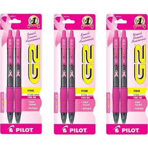 Pilot G2 Breast Cancer Awareness Pink Pens with Pink Ink, Retractable Gel Ink Rolling Ball, Fine Point, 2-Pack (31312), 3 PACK