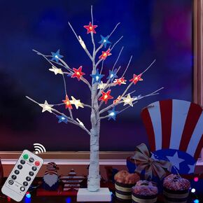4th of July Decorations Tree Light 24 Inch with 24 LED Red White Blue Star Lights USB Battery Operated with Timer, Lighted Artificial Tree Lights for Table, Party, Memorial Day, Patriotic Decoration