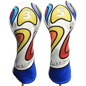 Majek Retro Golf Headcover Limited Edition Vintage Leather Style Psychedelic Colorful Groovy Custom Design #3 & 5 Fairway Wood Head Cover