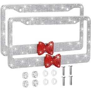 OTOSTAR 2 Pack Bling License Plate Frame with Ribbon Bow, Handcrafted Shiny Rhinestones Premium Stainless Steel 2 Holes License Plate Holder with Anti-Theft Screws Caps Set (Pink/Pink Bowtie)