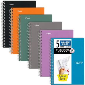 Five Star Spiral Notebooks, 6 Pack, 5 Subject, College Ruled, 9 1/2" x 6", 150 Sheets, Amethyst Purple, Sedona Orange, Seaglass Green, Tidewater Blue, Gray and Black (840030A-ECM)