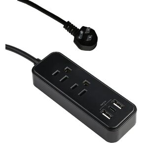 Clear Power 2-Outlet Power Strip with 3 USB Ports(1 USB-C), Flat Plug, 6 ft Power Cord, Compact USB Charging Hub, Desktop Charging Station with USB C, Black, DC3S-1202-DC