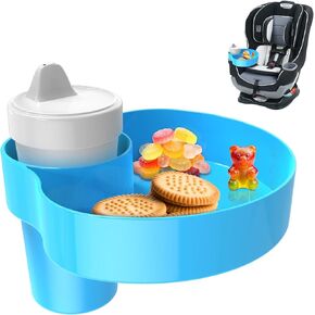 Car Seat Cup Holder Snack Tray: Travel Tray for Kids Car Seat Food Tray for Kids Travel, Toddler Carseat Eating Plate Table, Kid Road Trip Table Essentials Accessories, Light Blue