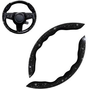 Bling Bling Diamond Leather Steering Wheel Cover with Crystal Rhinestones Sparkling Car Interior Accessories Universal Fit Wheel Protector for Women Men,2pcs,Black with Black Diamond
