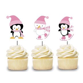 Pink Penguin Cupcake Toppers 12 PCS, Ice Skating Cake Picks for Girls, Winter Wonderland Birthday Party Decorations Supplies, Polar Bear Baby Shower Themed