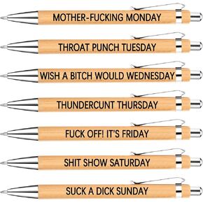 7Pcs Funny Work Pens for Adults Funny Sarcastic Gifts Funny Bamboo Pens Swear Word Daily Pen Set Seven Days of The Week Pens The Office Gifts for Women Men Coworkers Funny Desk Accessories