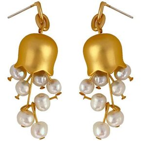 Lily of the Valley Pearl Earrings, Vintage Elegant Gold Bell Orchid Flower Dangle Earrings Pearl Drop Wedding Earrings Lily Flower Earrings for Girls Women