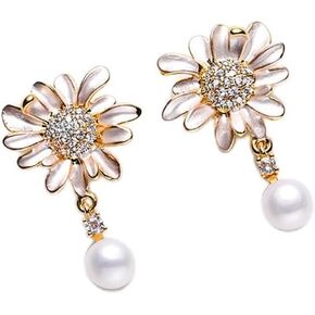 Kokoma Daisy Flower Dangle Earrings for Women Girls 925 Sterling Silver Posts CZ Freshwater Cultured Pearl Dangling Drop Stud Earrings Dainty Ear Jewelry Gifts