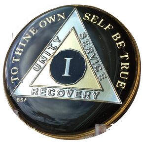 1 Year Classic Black AA Alcoholics Anonymous Medallion Sobriety Chip Tri Plate Gold & Nickel Plated Serenity Prayer