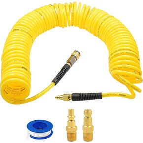 50FT Polyurethane Recoil Air Hose 1/4" Inner Diameter Heavy Duty Air Compressor Hose with Bend Restrictor and 1/4" Industrial Universal Quick Coupler and I/M/T/A Plug, Yellow