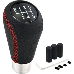 Lunsom 6 Speed Manual Shifter Knob PU Gear Shift Handle Leather Car Shifting Lever Head Accessories Fit Most Vehicle (Red Suture)