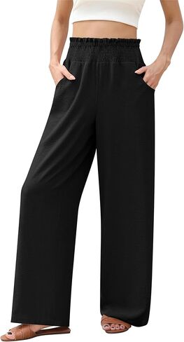 Wide Leg Pants for Women Loose Fit Casual Lounge Smocked Elastic Waisted Flowy Palazzo Pants for Women with Pockets in Kuwait