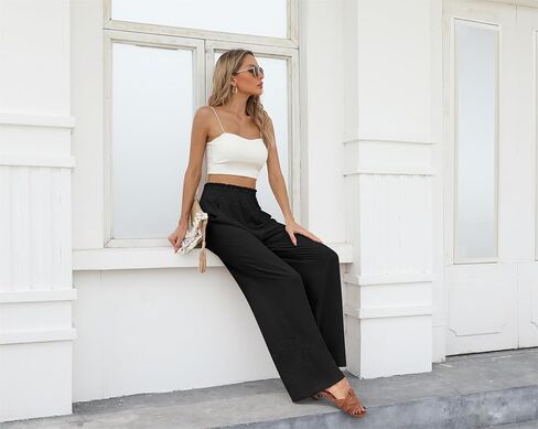 Wide Leg Pants for Women Loose Fit Casual Lounge Smocked Elastic Waisted Flowy Palazzo Pants for Women with Pockets in Kuwait