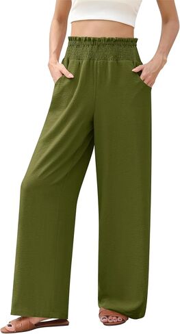 Wide Leg Pants for Women Loose Fit Casual Lounge Smocked Elastic Waisted Flowy Palazzo Pants for Women with Pockets in Saudi Arabia