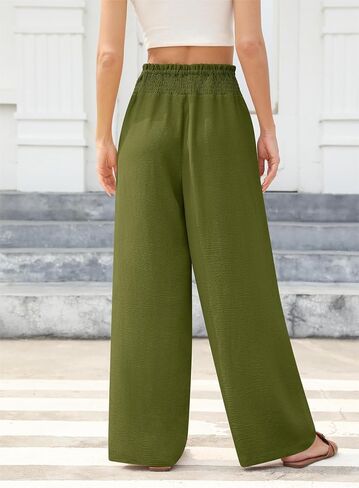 Wide Leg Pants for Women Loose Fit Casual Lounge Smocked Elastic Waisted Flowy Palazzo Pants for Women with Pockets in Saudi Arabia