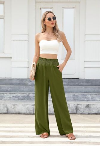 Wide Leg Pants for Women Loose Fit Casual Lounge Smocked Elastic Waisted Flowy Palazzo Pants for Women with Pockets in Saudi Arabia