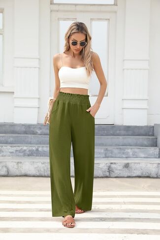 Wide Leg Pants for Women Loose Fit Casual Lounge Smocked Elastic Waisted Flowy Palazzo Pants for Women with Pockets in Saudi Arabia