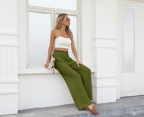 Wide Leg Pants for Women Loose Fit Casual Lounge Smocked Elastic Waisted Flowy Palazzo Pants for Women with Pockets in Saudi Arabia