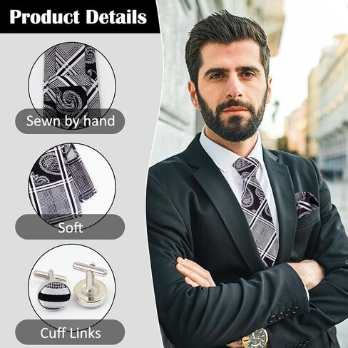 Men's Tie Sets, Plaid Mens Ties and Pocket Square Sets with Cufflinks/Tie Bar, Neckties for Wedding Business in Saudi Arabia