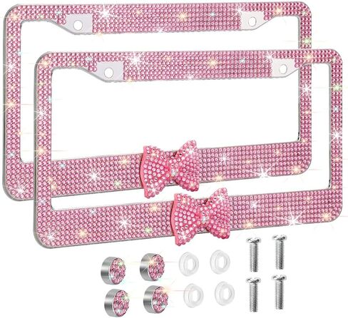 OTOSTAR 2 Pack Bling License Plate Frame with Ribbon Bow, Handcrafted Shiny Rhinestones Premium Stainless Steel 2 Holes License Plate Holder with Anti-Theft Screws Caps Set (Pink/Pink Bowtie) in Kuwait