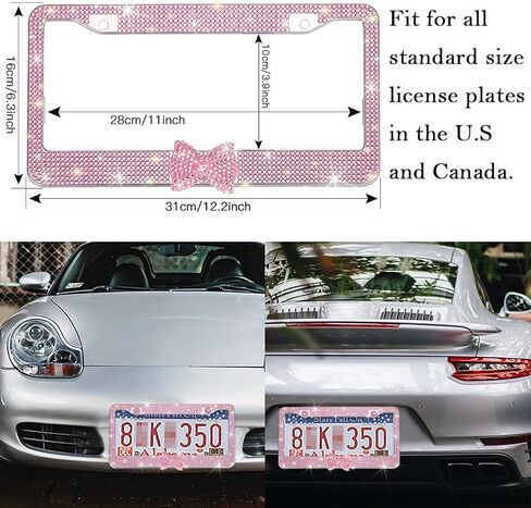 OTOSTAR 2 Pack Bling License Plate Frame with Ribbon Bow, Handcrafted Shiny Rhinestones Premium Stainless Steel 2 Holes License Plate Holder with Anti-Theft Screws Caps Set (Pink/Pink Bowtie) in Kuwait