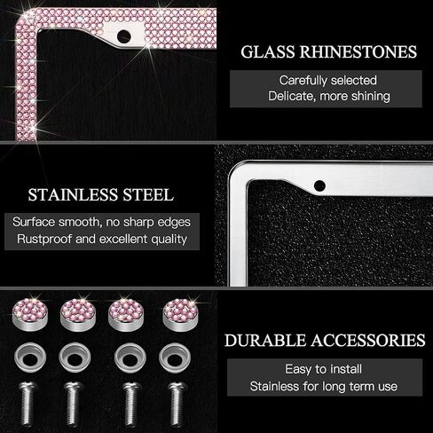 OTOSTAR 2 Pack Bling License Plate Frame with Ribbon Bow, Handcrafted Shiny Rhinestones Premium Stainless Steel 2 Holes License Plate Holder with Anti-Theft Screws Caps Set (Pink/Pink Bowtie) in Kuwait