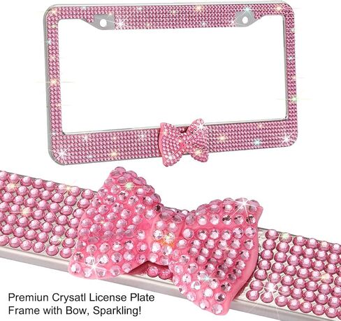 OTOSTAR 2 Pack Bling License Plate Frame with Ribbon Bow, Handcrafted Shiny Rhinestones Premium Stainless Steel 2 Holes License Plate Holder with Anti-Theft Screws Caps Set (Pink/Pink Bowtie) in Kuwait