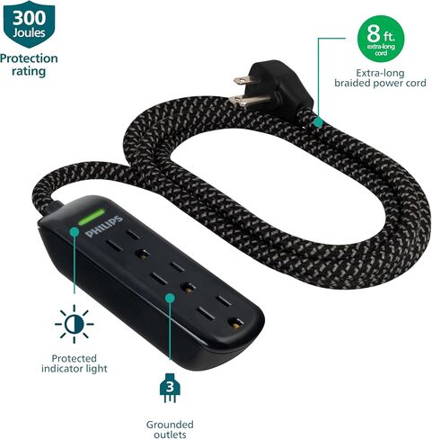 Philips 3-Outlet Grounded Extension Cord, 8 Ft Indoor Extension Cord with Surge Protection, Long Extension Cord, Flat Plug Surge Protection Power Strip, 300 Joules, UL Listed, White, SPP3433BB/37 in Saudi Arabia