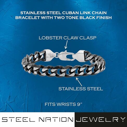 Men’s 9" Cuban Link Chain Bracelet - Stainless Steel, Two Tone Black Finish, Secure Lobster Claw in Saudi Arabia