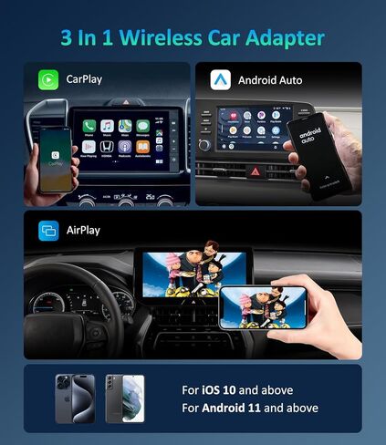 محول CarPlay اللاسلكي وAndroid Auto مع Airplay، دونجل سيارة لاسلكي 3 في 1 يحول سلكيًا إلى لاسلكي لسيارات CarPlay السلكية/Android Auto Cars من عام 2016، التوصيل والتشغيل in Kuwait
