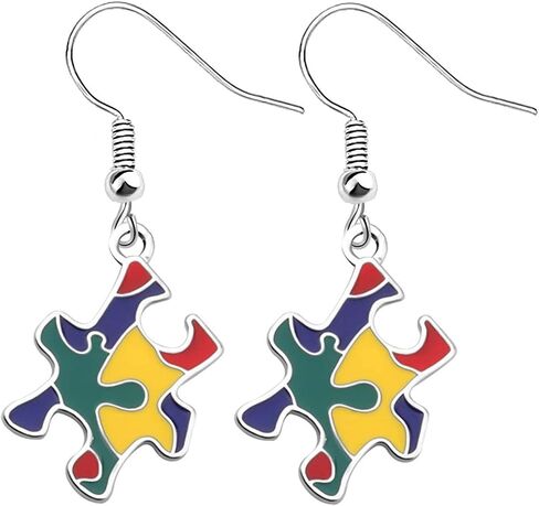 Autism Awareness Earrings Creative Alloy Enamel Multi Color Puzzle Pieces Heart Scarf Novelty Dangle Earrings Handmade Lightweight Funny Geometric Drop Earrings Jewelry for Women Girls Gifts in Saudi Arabia