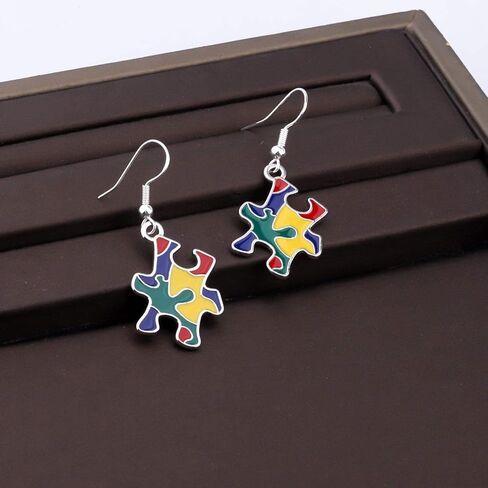 Autism Awareness Earrings Creative Alloy Enamel Multi Color Puzzle Pieces Heart Scarf Novelty Dangle Earrings Handmade Lightweight Funny Geometric Drop Earrings Jewelry for Women Girls Gifts in Saudi Arabia