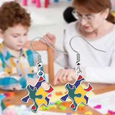 Autism Awareness Earrings Creative Alloy Enamel Multi Color Puzzle Pieces Heart Scarf Novelty Dangle Earrings Handmade Lightweight Funny Geometric Drop Earrings Jewelry for Women Girls Gifts in Saudi Arabia
