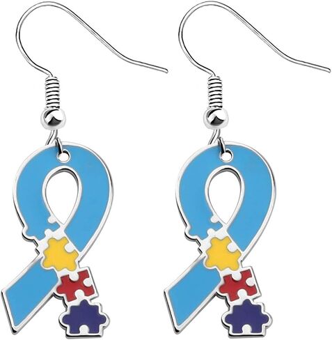 Autism Awareness Earrings Creative Alloy Enamel Multi Color Puzzle Pieces Heart Scarf Novelty Dangle Earrings Handmade Lightweight Funny Geometric Drop Earrings Jewelry for Women Girls Gifts in Saudi Arabia