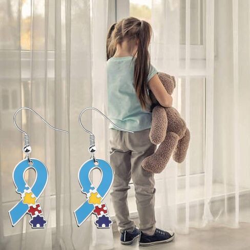 Autism Awareness Earrings Creative Alloy Enamel Multi Color Puzzle Pieces Heart Scarf Novelty Dangle Earrings Handmade Lightweight Funny Geometric Drop Earrings Jewelry for Women Girls Gifts in Saudi Arabia