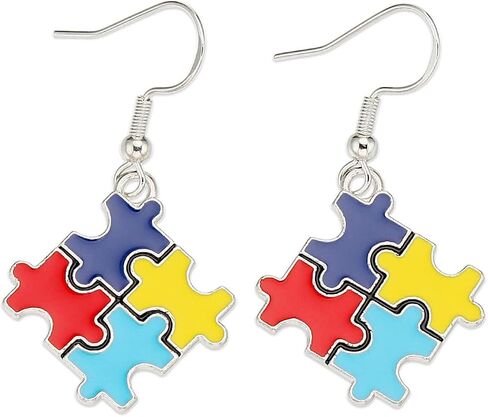 Autism Awareness Earrings Creative Alloy Enamel Multi Color Puzzle Pieces Heart Scarf Novelty Dangle Earrings Handmade Lightweight Funny Geometric Drop Earrings Jewelry for Women Girls Gifts in Saudi Arabia