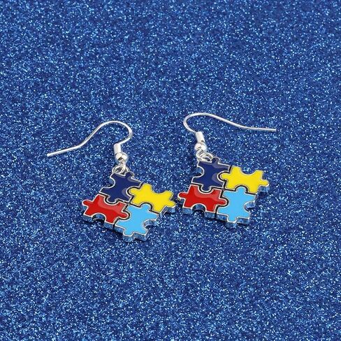 Autism Awareness Earrings Creative Alloy Enamel Multi Color Puzzle Pieces Heart Scarf Novelty Dangle Earrings Handmade Lightweight Funny Geometric Drop Earrings Jewelry for Women Girls Gifts in Saudi Arabia