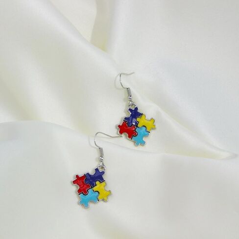 Autism Awareness Earrings Creative Alloy Enamel Multi Color Puzzle Pieces Heart Scarf Novelty Dangle Earrings Handmade Lightweight Funny Geometric Drop Earrings Jewelry for Women Girls Gifts in Saudi Arabia