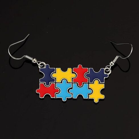 Autism Awareness Earrings Creative Alloy Enamel Multi Color Puzzle Pieces Heart Scarf Novelty Dangle Earrings Handmade Lightweight Funny Geometric Drop Earrings Jewelry for Women Girls Gifts in Saudi Arabia