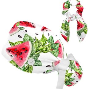 Women's Working Caps Bouffant Surgical Cap with Bow Scrunchies Pink Strawberry Pattern Ponytail Holder Tie Back Scrub Hat